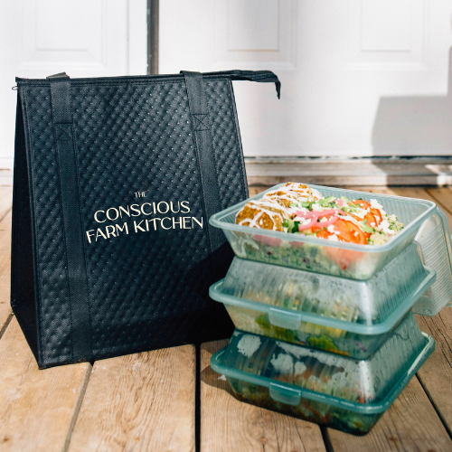 The Conscious Farm Kitchen Cool Bag and 3 meals in reusable containers delivered to front door.