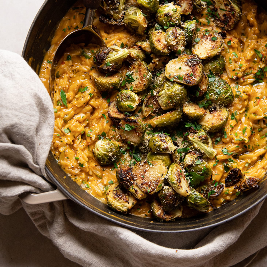 Creamy Butternut Orzo Risotto with Brussel Sprouts